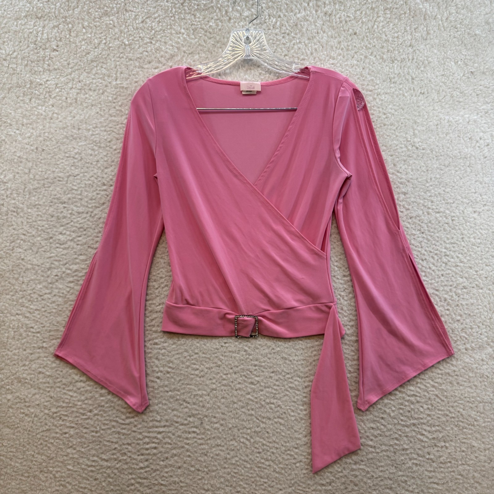 90s Y2K Vintage Pink Top Small Medium Flared Sleeve Slinky Stretch Rave Fairy