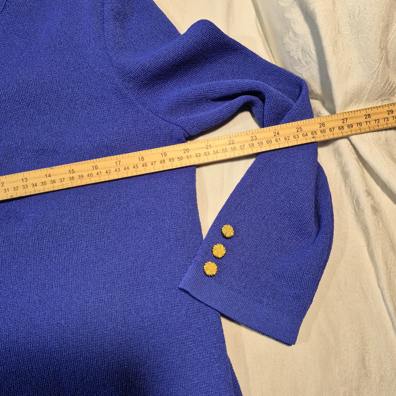 Vtg Castleberry Knit Skirt Suit Set Womens 14 Royal Blue Gold Button 80s MINT
