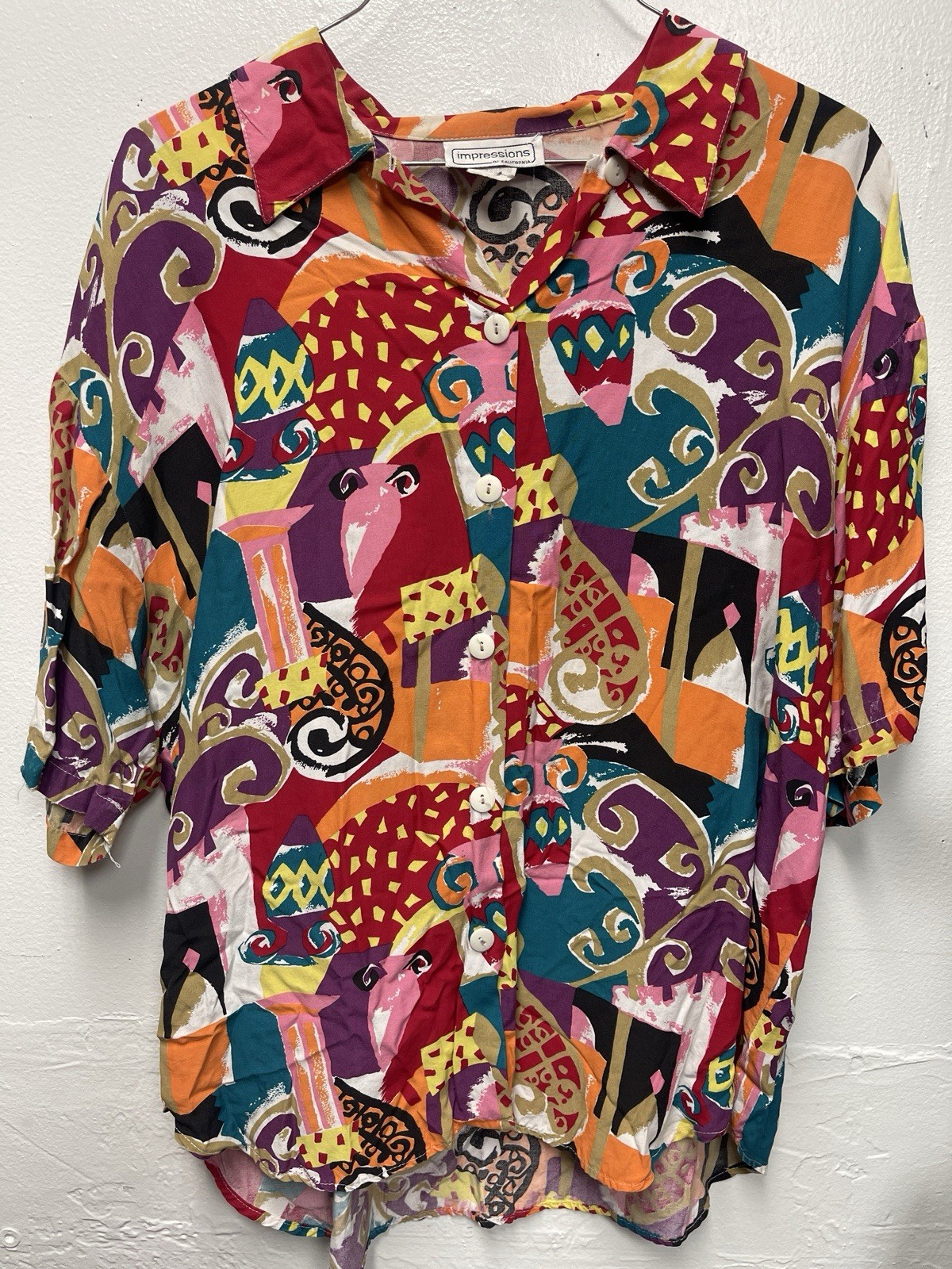 Vintage 90s California Impressions Blouse Women Colorful Abstract Design Size L