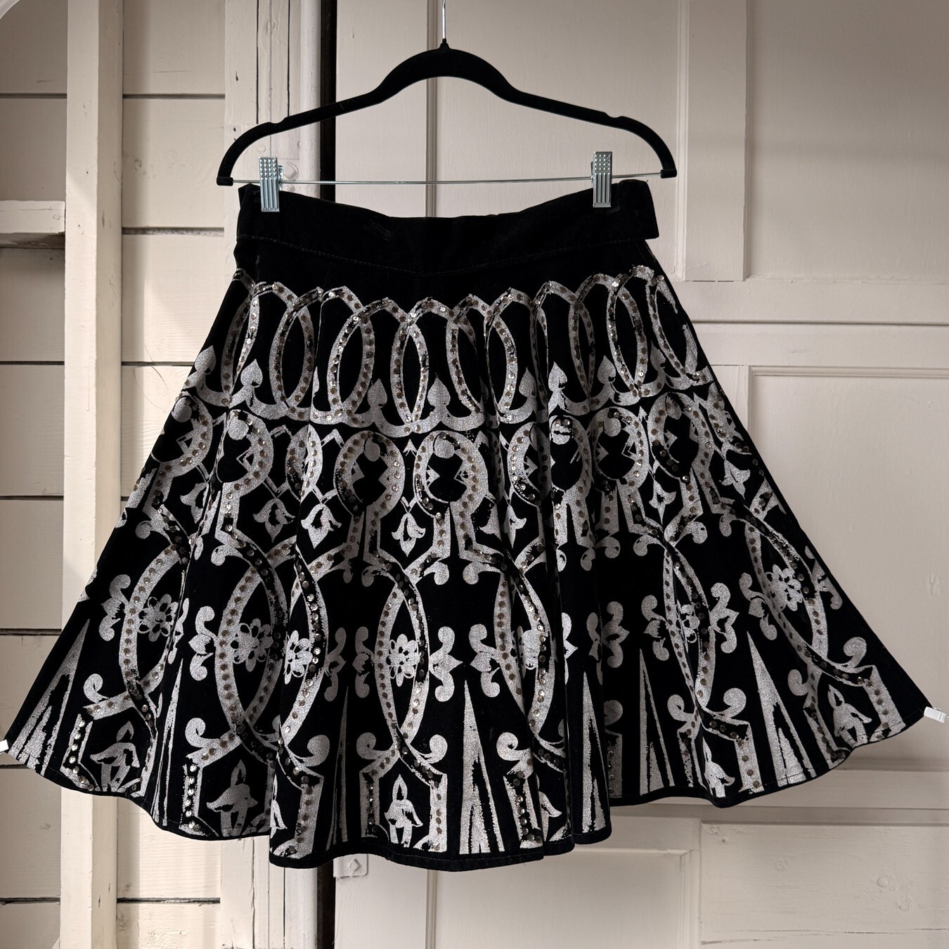 Vintage 1950s Mexican Hand Painted Silver Sequin Velvet Set Top Skirt Large VLV