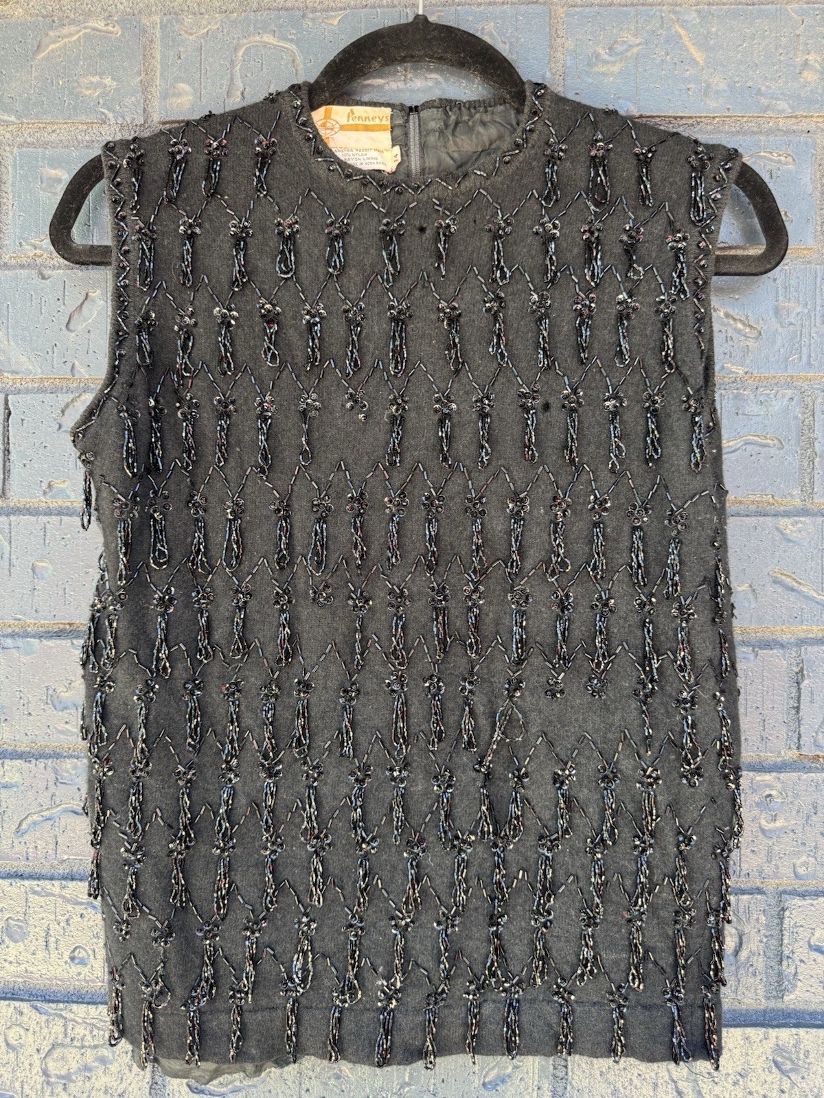 Vintage Pennys Hand Beaded LambsWool RabbitTop Black Sequin Floral Fringe Tank M
