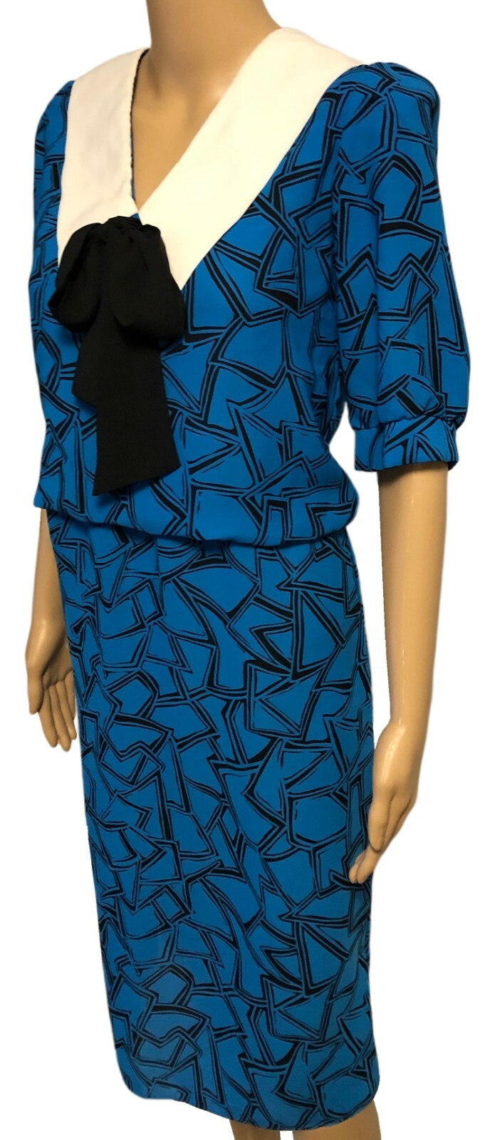 vtg J.B. Too Teal Secretary Tea Dress Sz 8 Oversized Collar with Bow 80s 90s