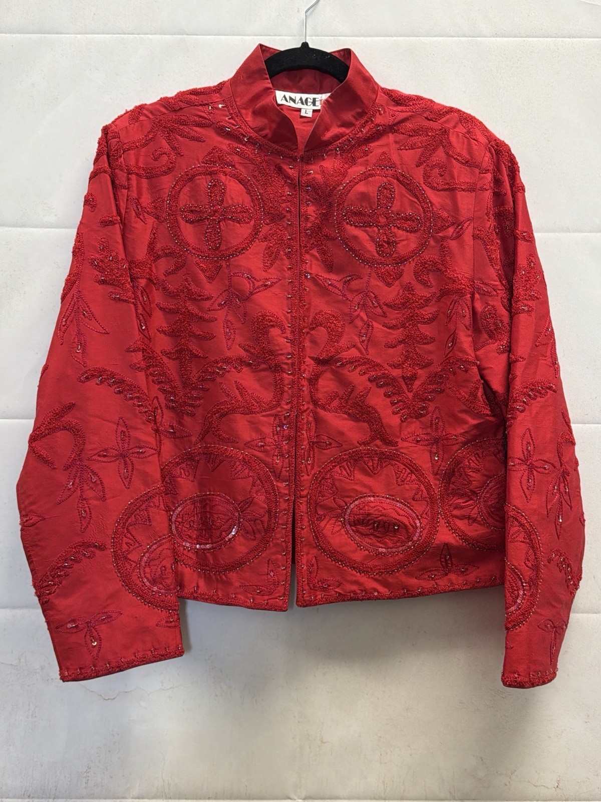 Anage Too Vintage Silk Beaded Jacket L Red Embroidered Sequin India 1990s
