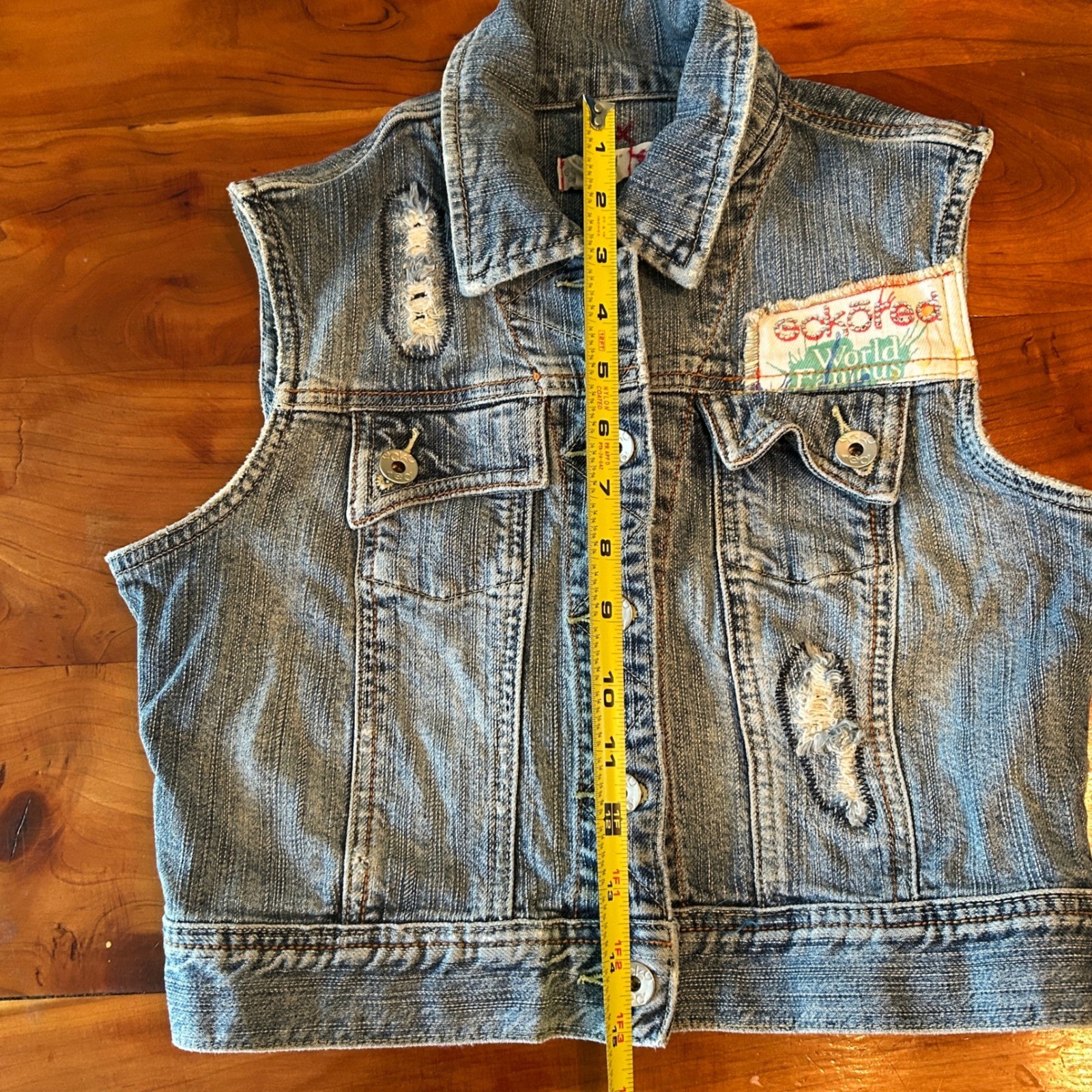 Ecko Red Denim Vest Womens M Blue Distressed Graffiti Y2K VTG Streetwear Hip Hop