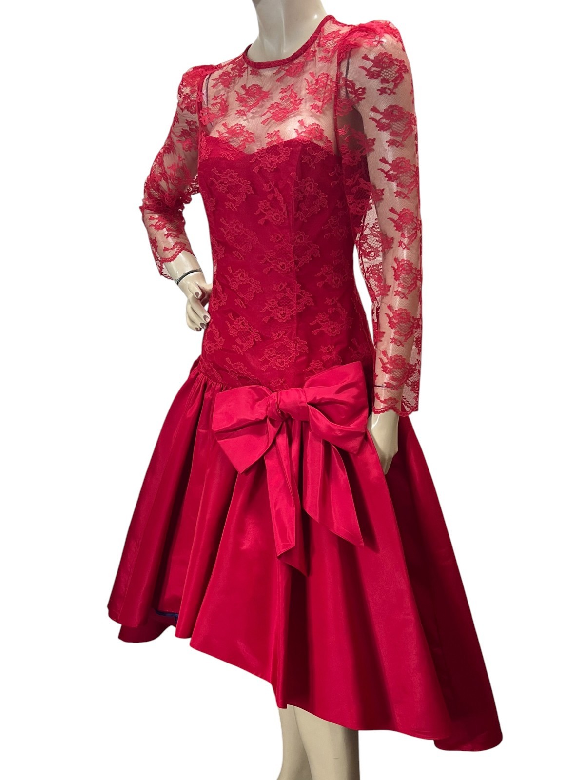Vtg 80s Sz M~L Red Taffeta Satin Lace High Low Prom Dress