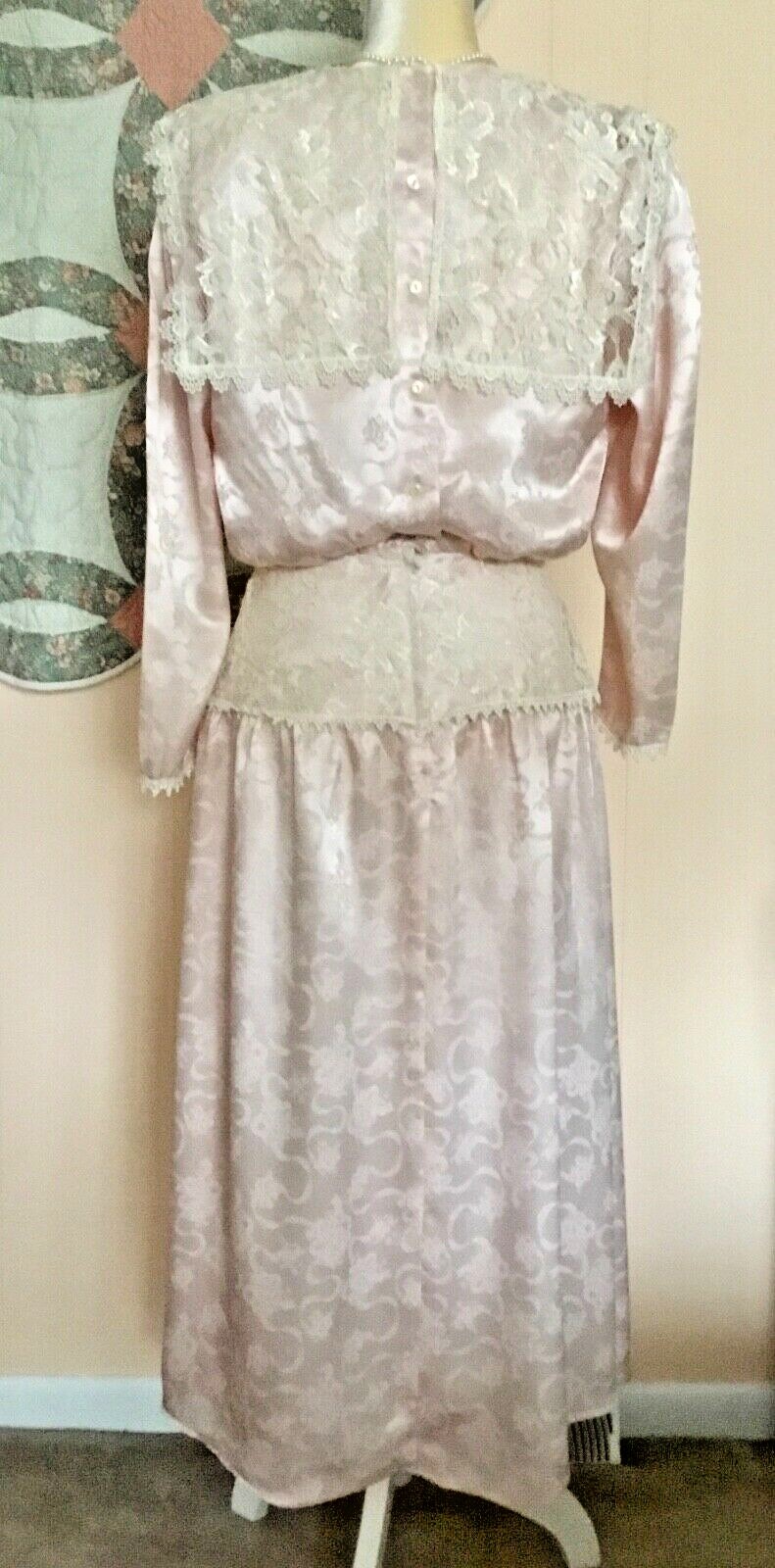 VTG JESSICA MC CLINTOCK LONG DRESS SZ 11 PEACHY PINK BLUSH W/ECRU LACE USA EXC.