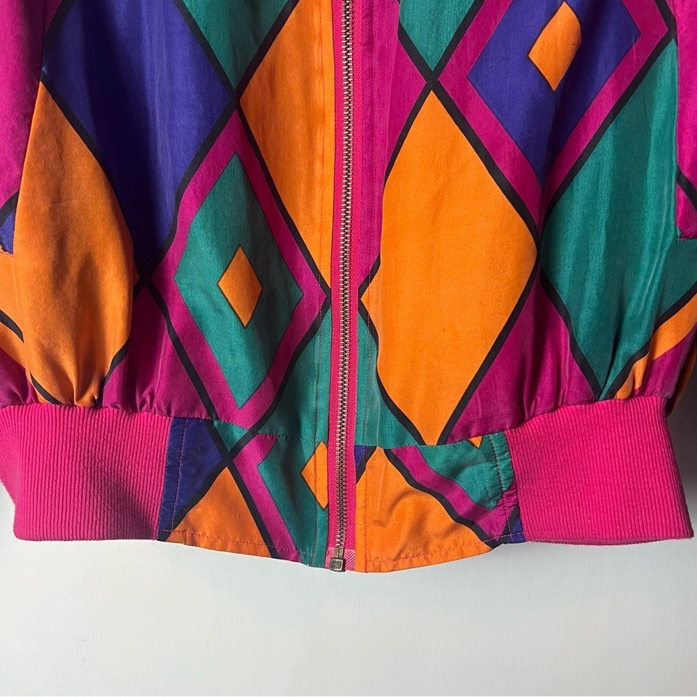 VTG 80s Carol Horn Silk Geometric Colorblock Bomber Jacket Pink Multi Sz M