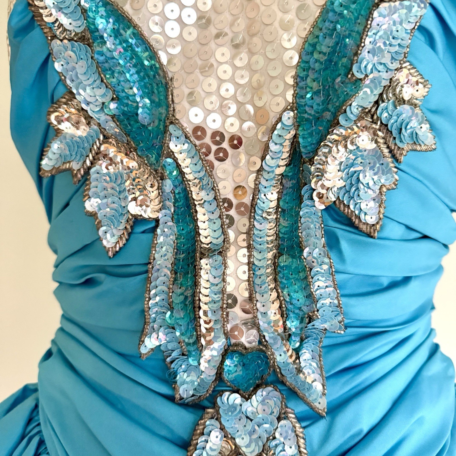Vintage Alyce Designs 1980s Blue Taffeta Sequin Peplum Prom Dress