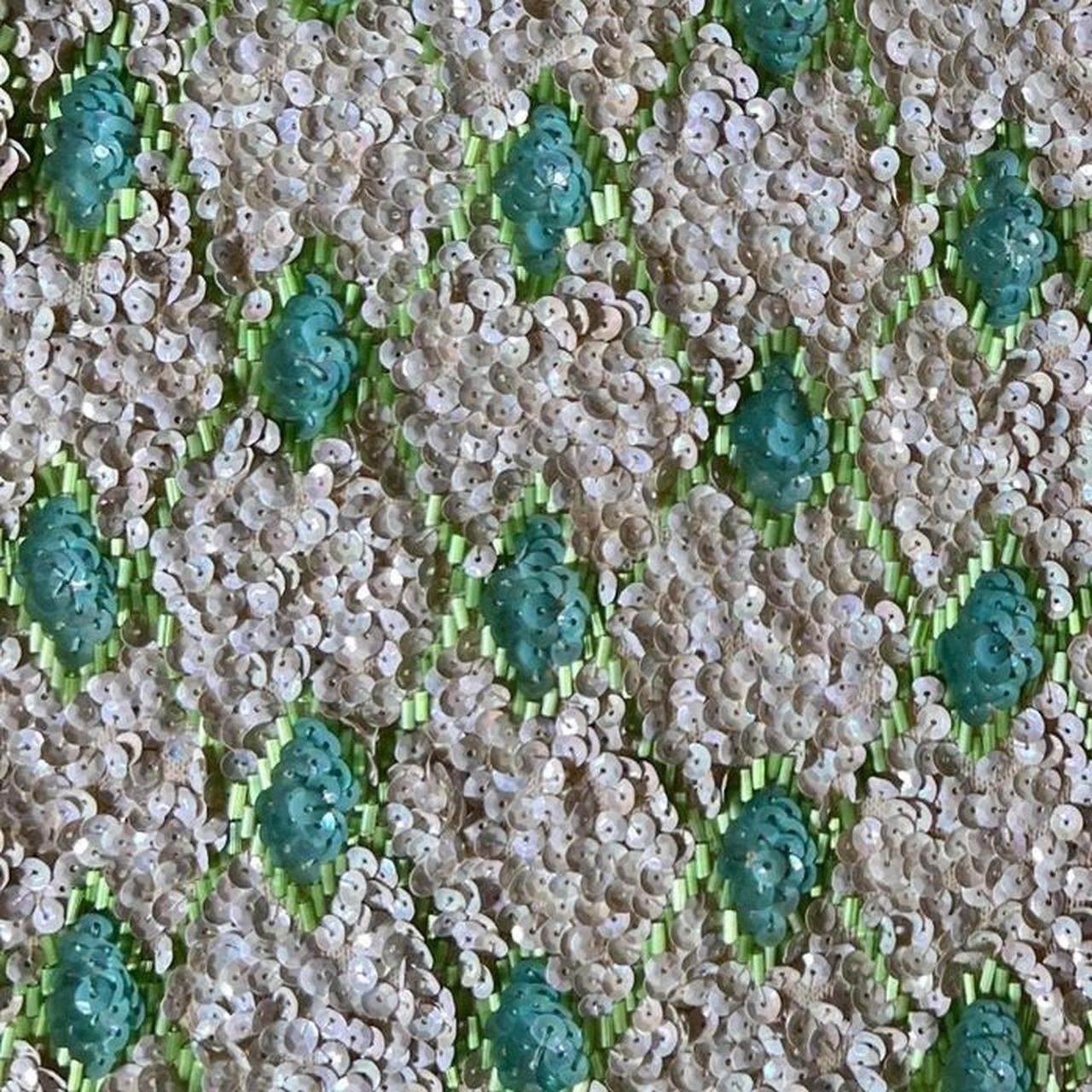 Vintage 60s Ivory + Green Sequined Embellished Sleeveless Top