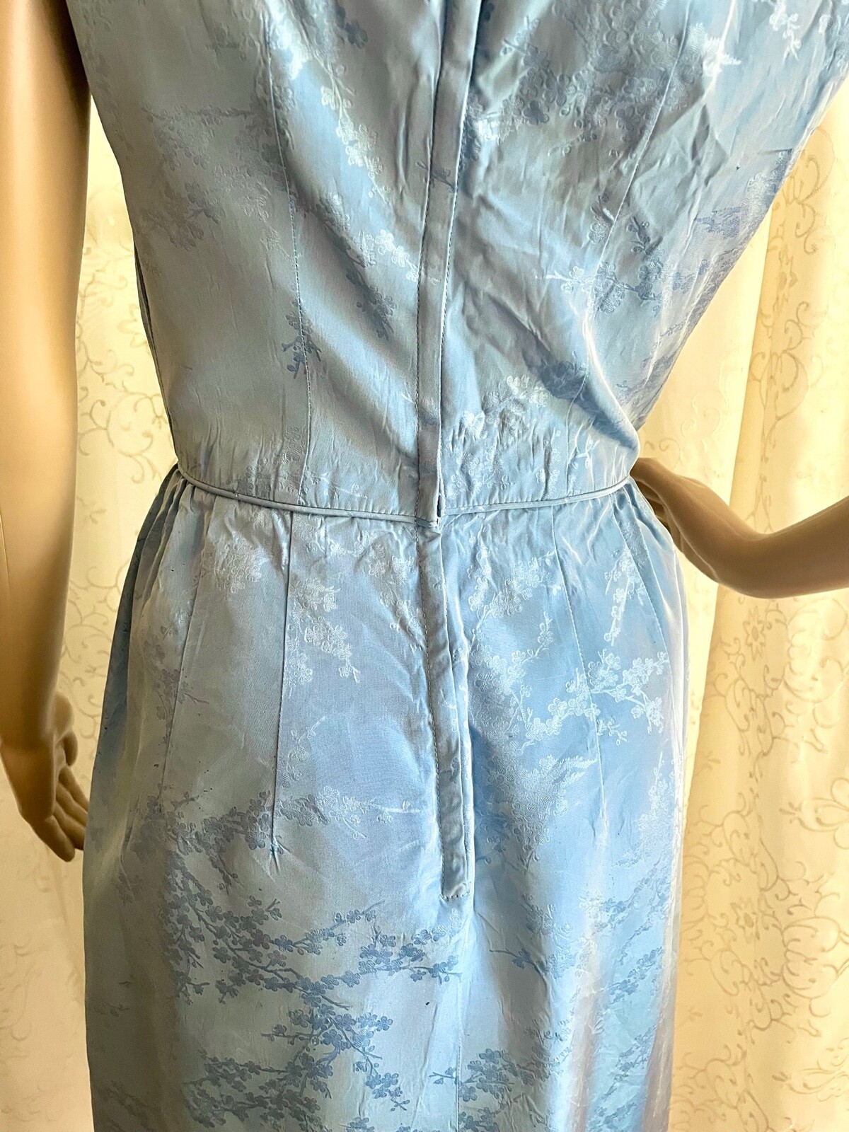 1960s Vintage Satin Damask, Sleeveless Sheath, Wiggle Dress, Size Small