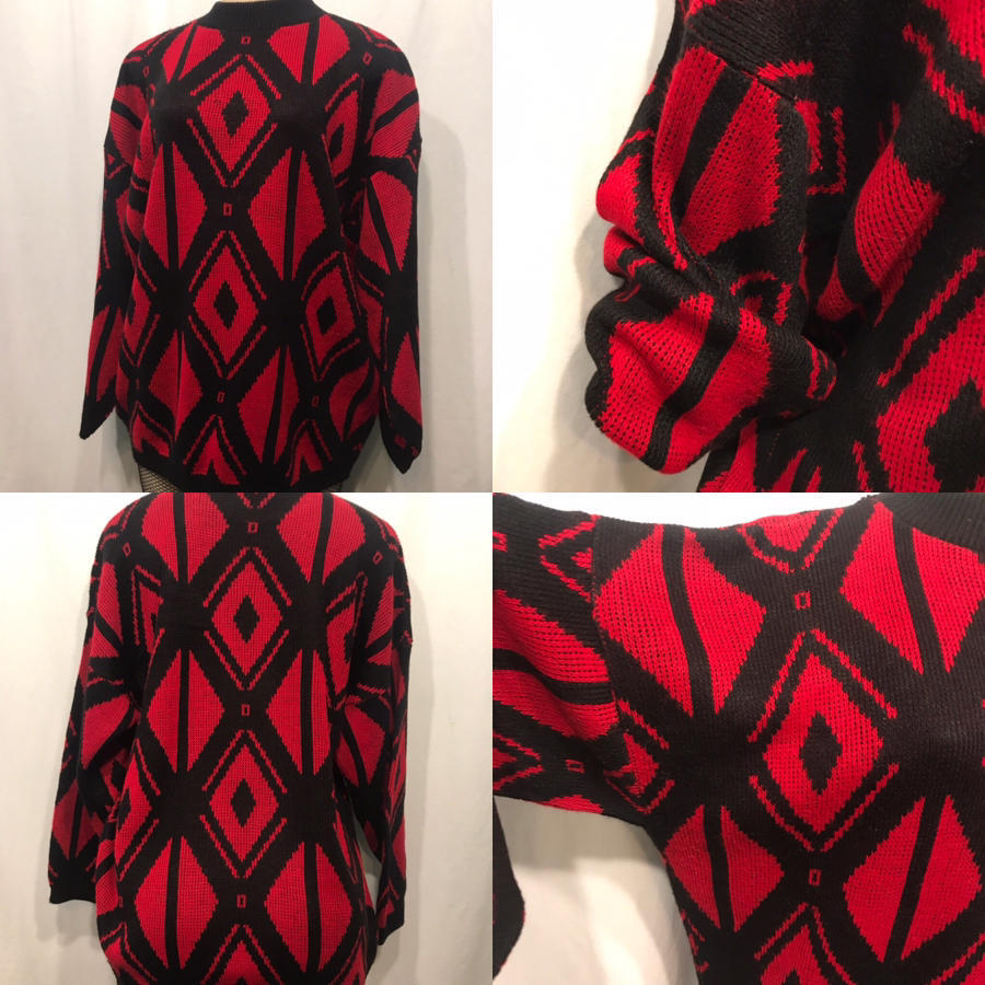 Vtg 80s COLOR BLOCK Sweater Crewneck Red Black DIAMONDS Pattern Acrylic Biggie M