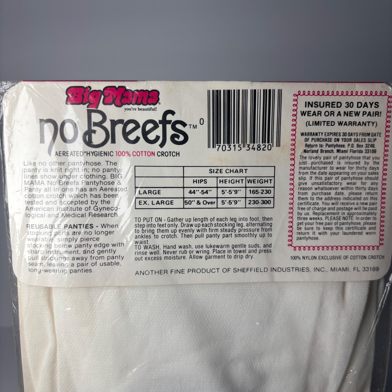 Vintage 1978 Big Mama No Breefs Pantyhose White Panty Suntan Legs Large NOS