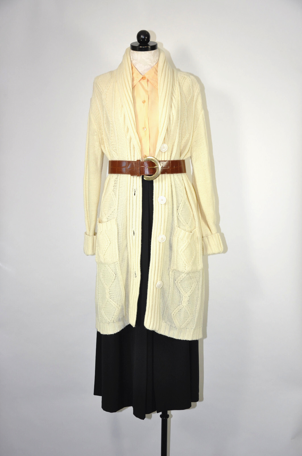 70s Cream Fisherman Cable Knit Shawl Duster Long Cardigan Sweater Coat Women M L