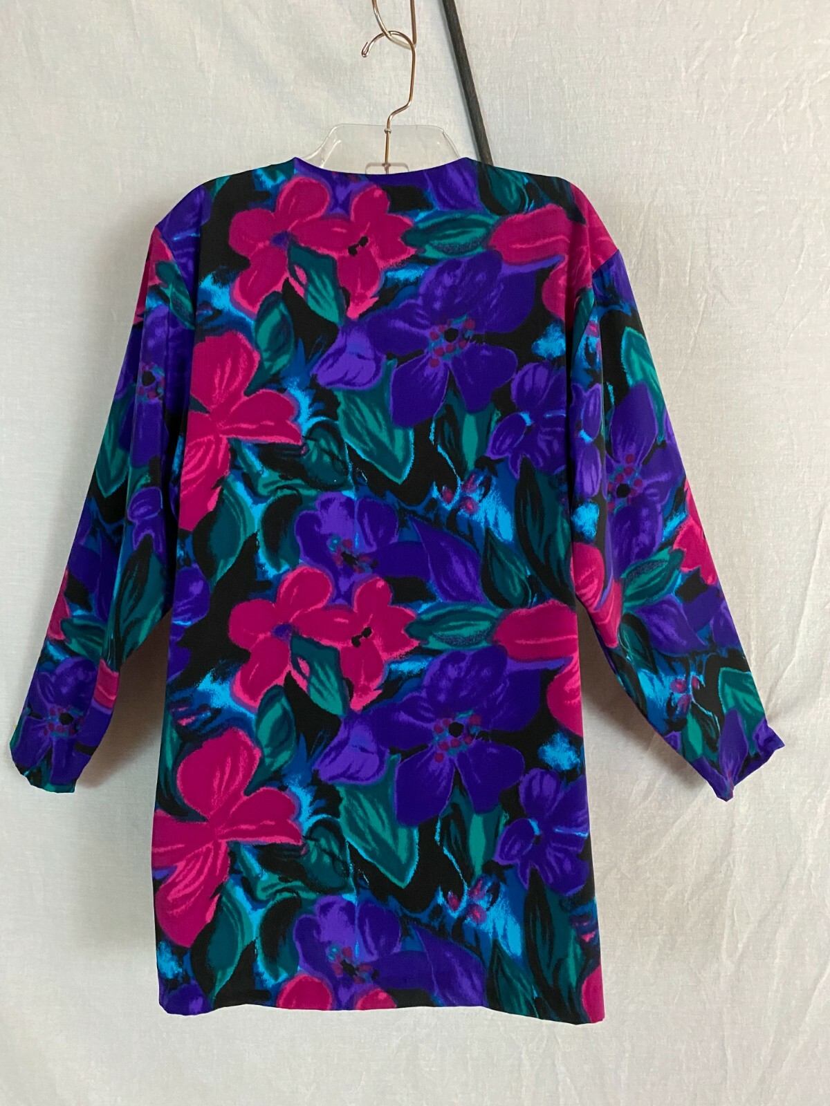Vtg 80s S G Sport Jacket Top Floral Black Purple Magenta Blue Green Belted USA L