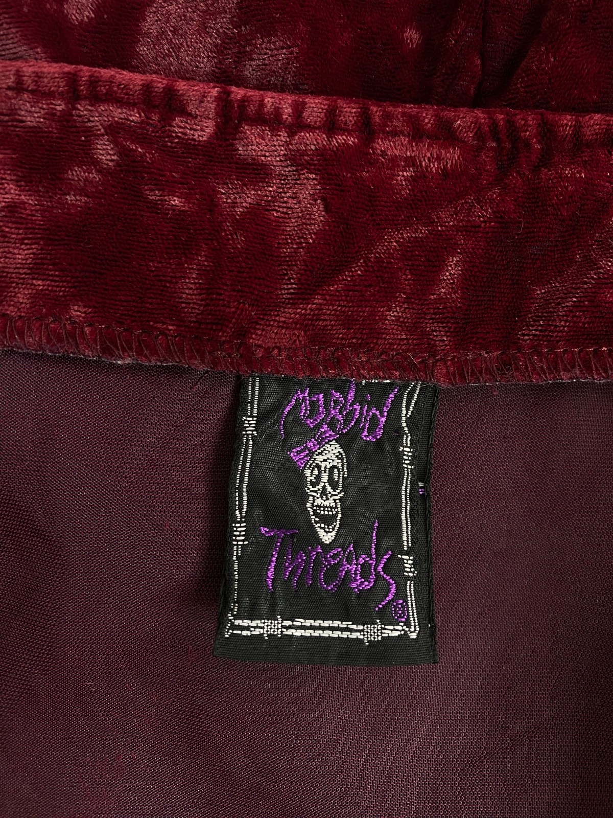 Vintage 1990s MORBID THREADS burgundy crushed velvet vest M black corset tie top