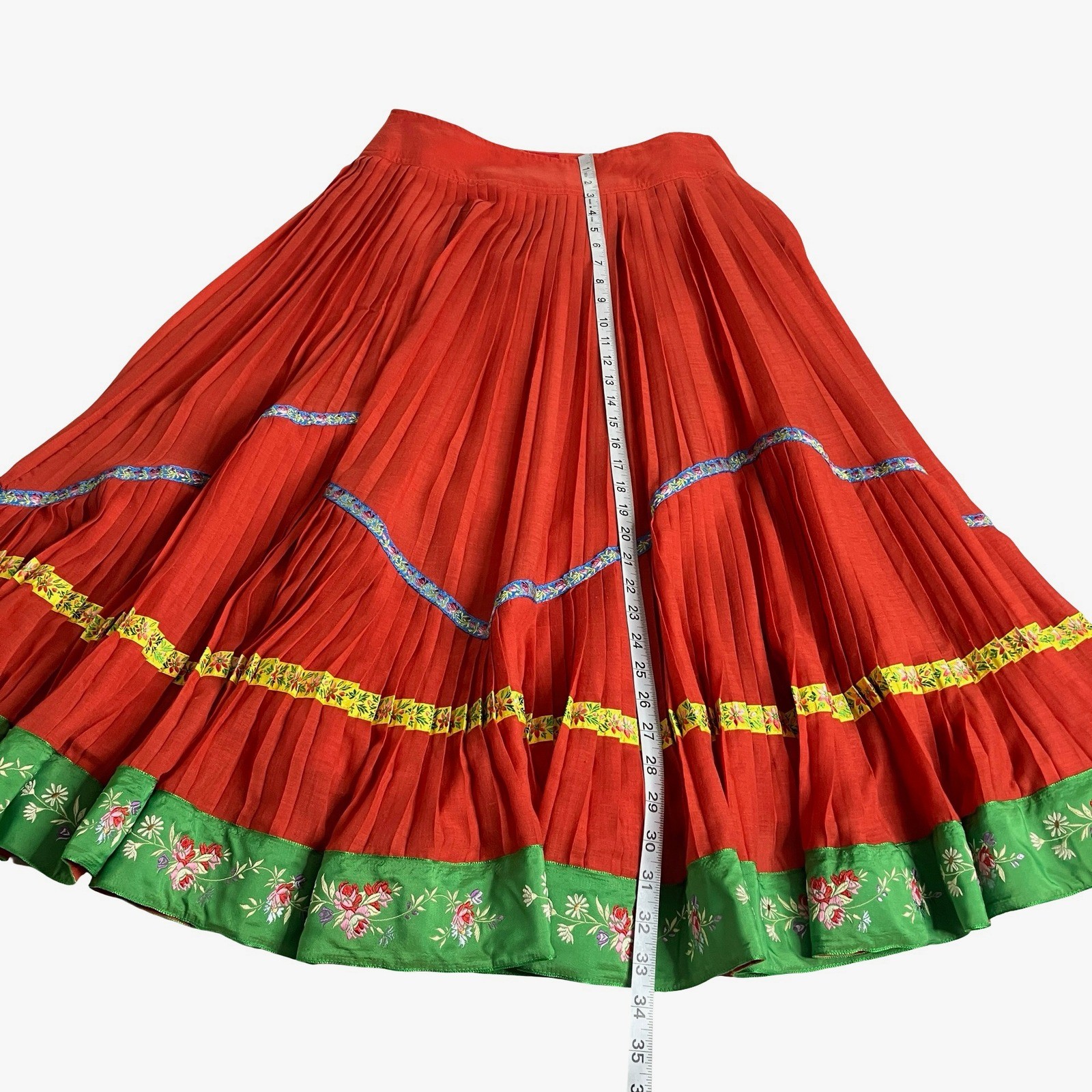 Vintage Kenzo Paris Pleated Skirt Women 40 Red Floral Embroidered Made In France