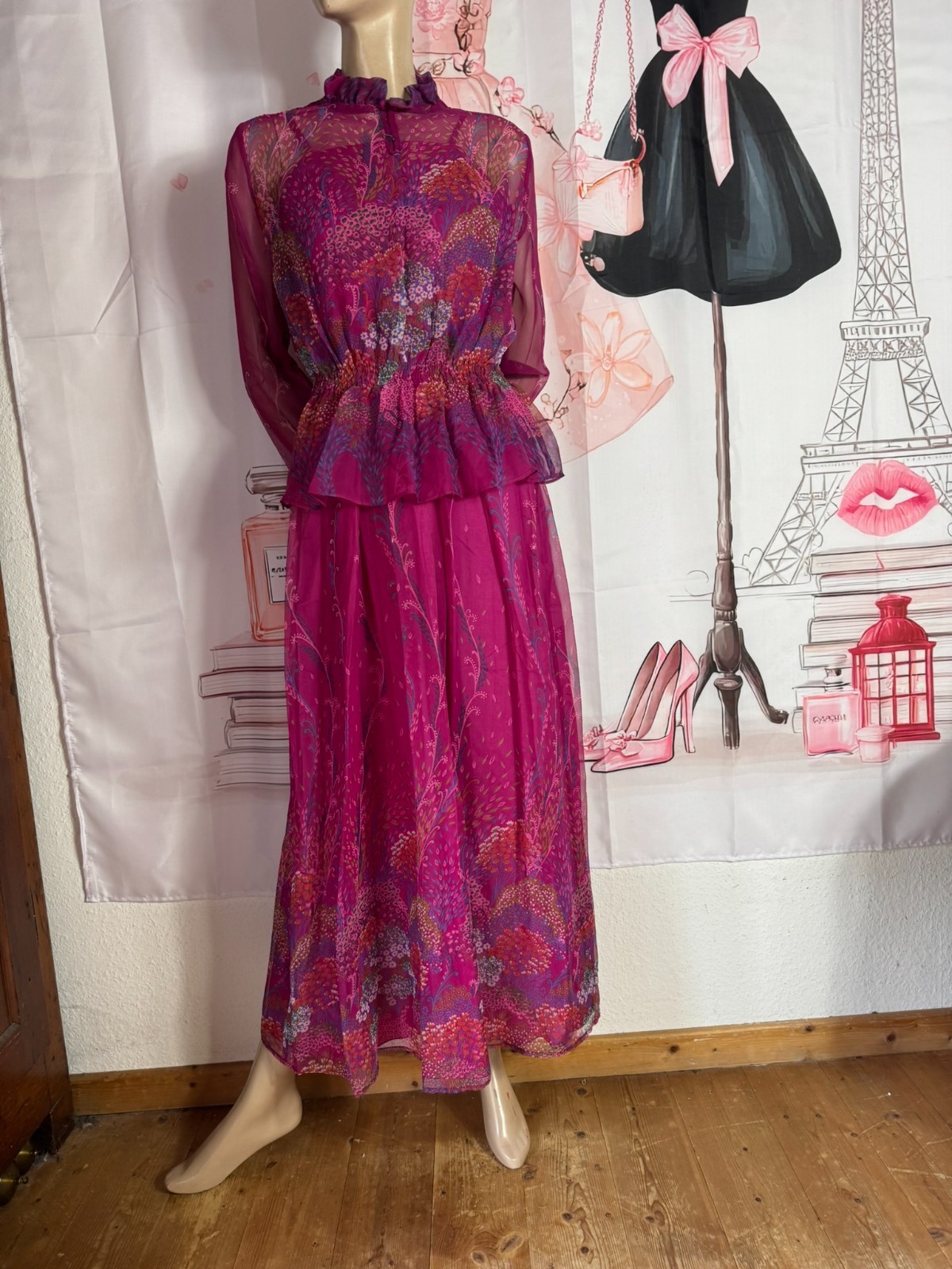 Vera Mont Vintage 70s Chiffon Maxi Dress Two Piece Pink Boho Size 32/34