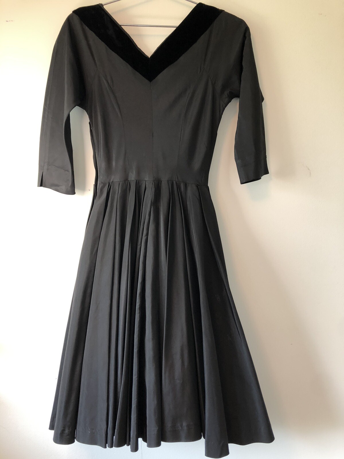 Vintage Authentic Sage Taffeta Black Dress Velvet Neckline Red Crinoline