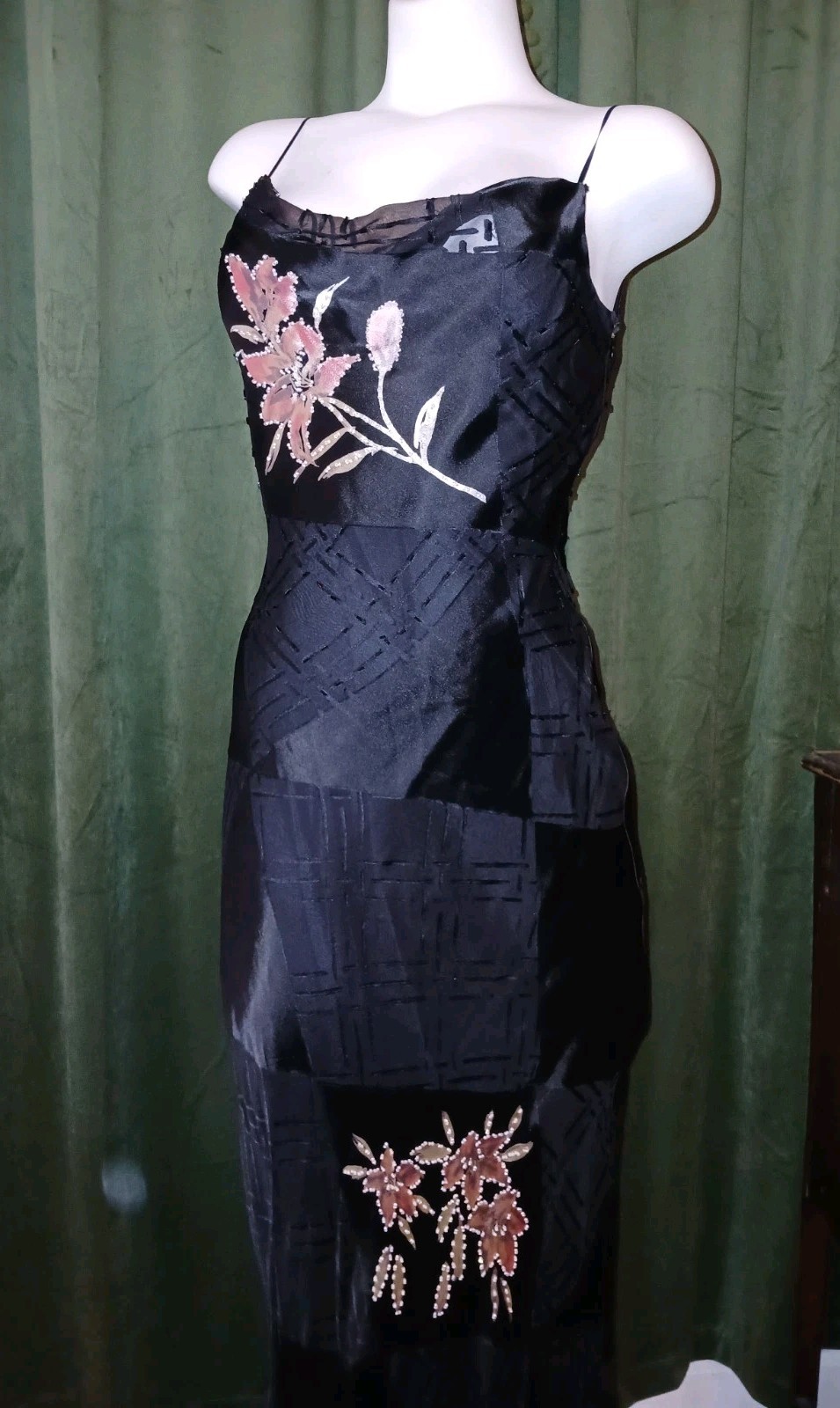 Vintage 90s L’Pogee Black Silk Rayon Floral Beaded Bias Cut Slip Gown Dress 8