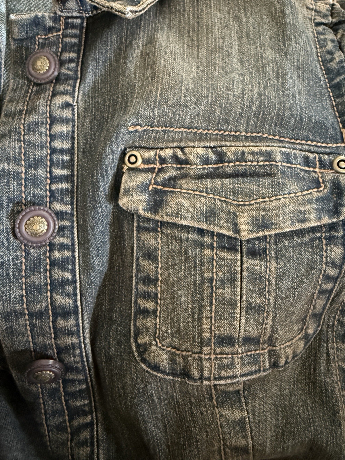 Vintage TapeMeasure Denim Jacket Belted Stretchy Blue Brown Pockets Women 10 EUC