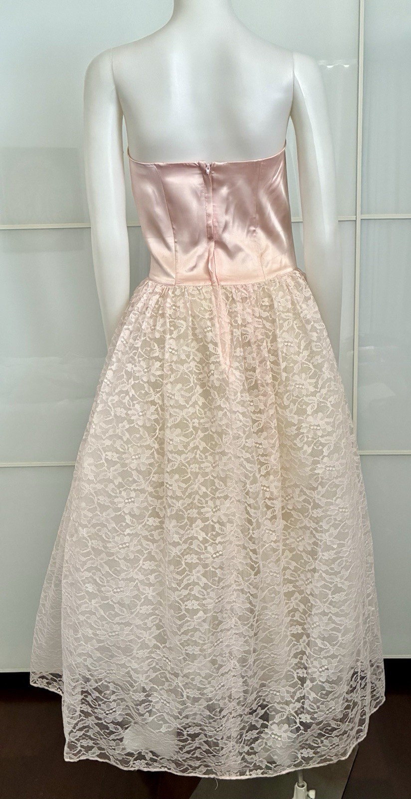 Vintage 80s Does 50s Gunne Sax Pink Satin Lace Strapless Dress with Sequins M