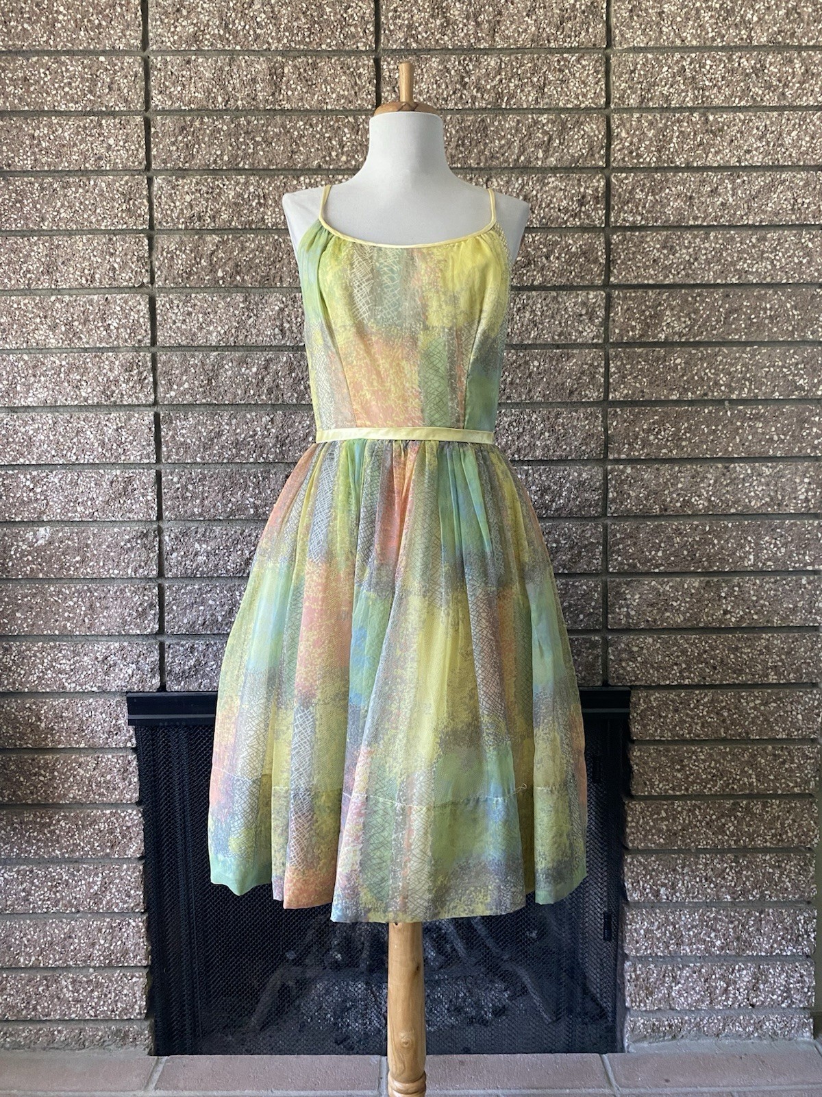 Vintage 1950s Colorful Party Dress Petticoat Fall Spring Watercolor Yellow small