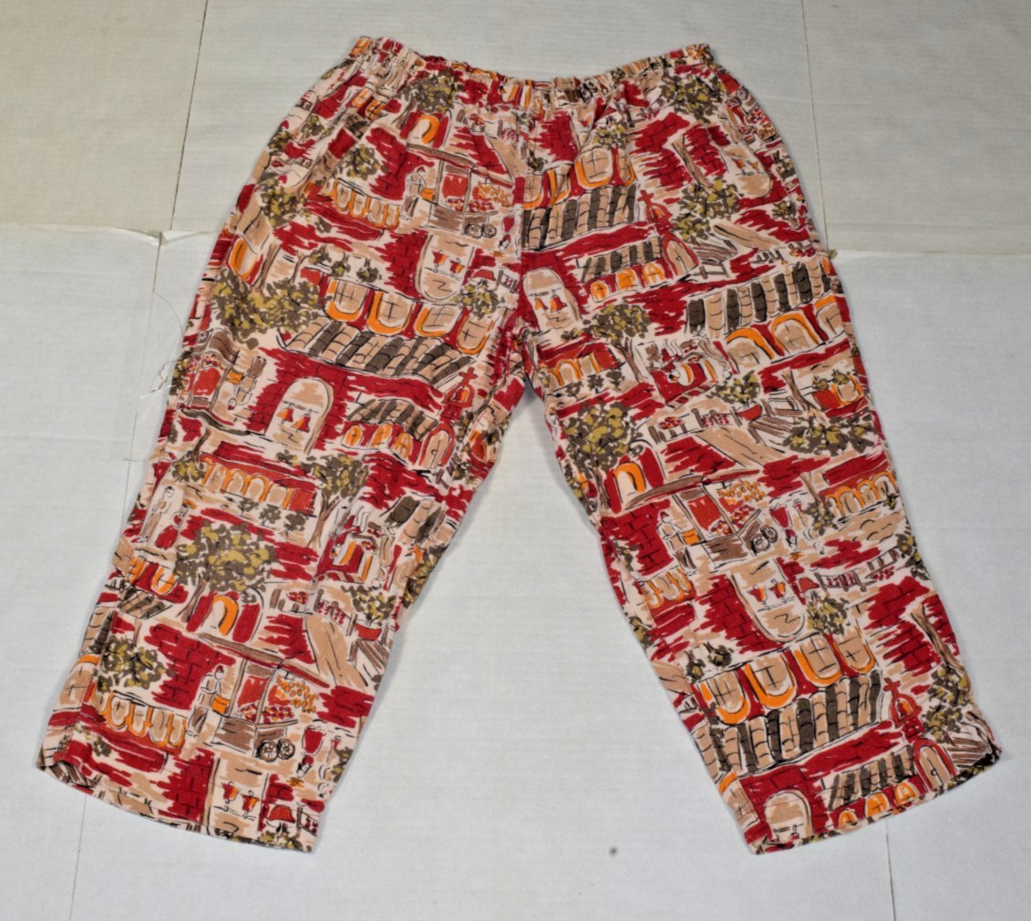 Vintage Womens Cropped Pull On Pant Size L 90s Terracotta Red French Villa Print
