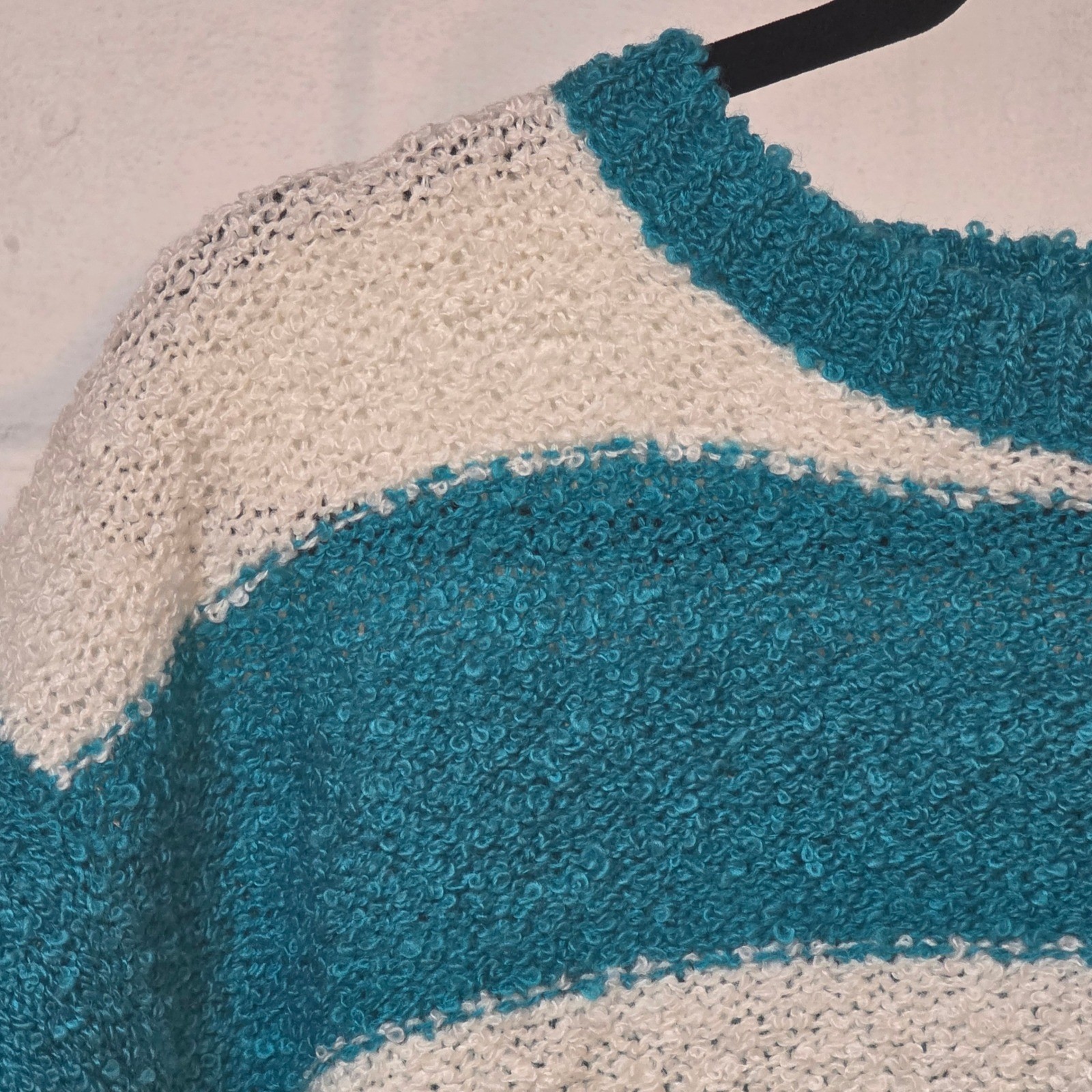 Vintage Career Club Teal White Striped Boucle Short Sleeve Sweater L78362