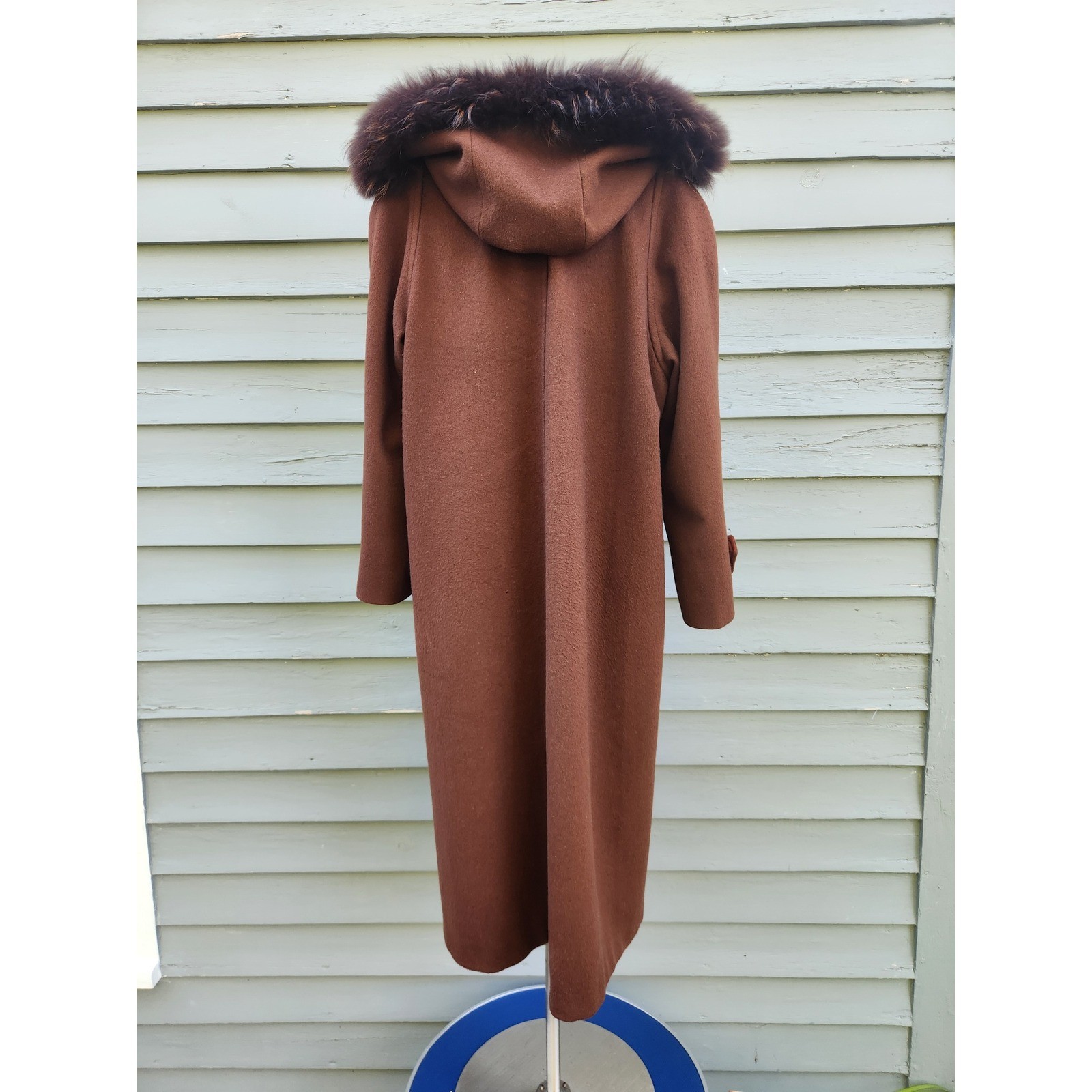 Vintage 80s Fleet Street Overcoat Brown Wool Double Breasted Fur Trim Hood 16