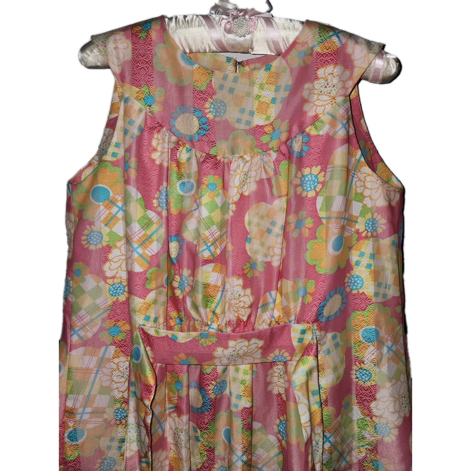 Vtg 1960’s Handmade Bright Groovy Color Floral Dress Pink Floral Flowered Hippie