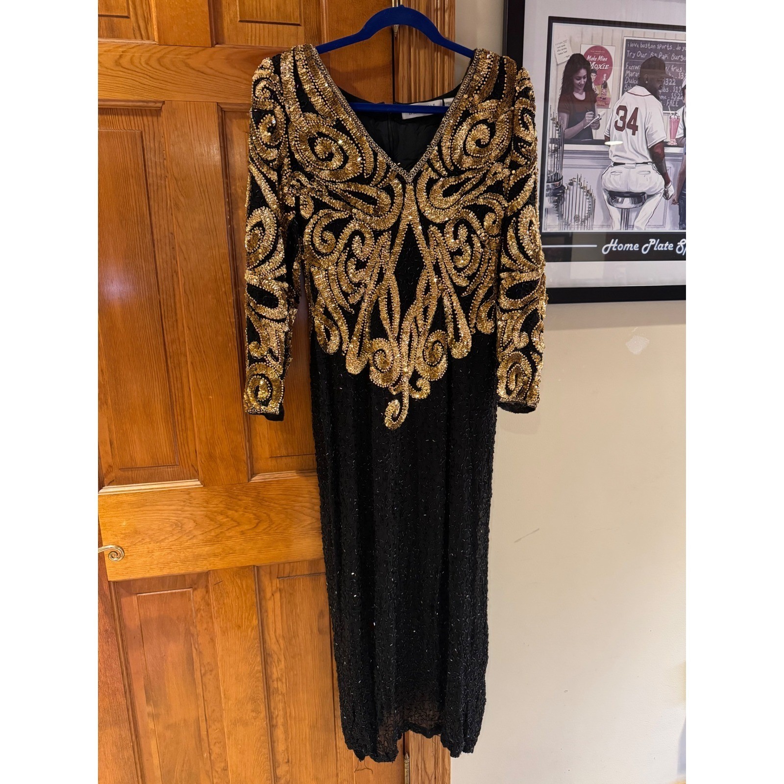 Niteline Della Roufogali Vintage Silk Beaded Sequin Gown Gold Black Maxi Dress 8