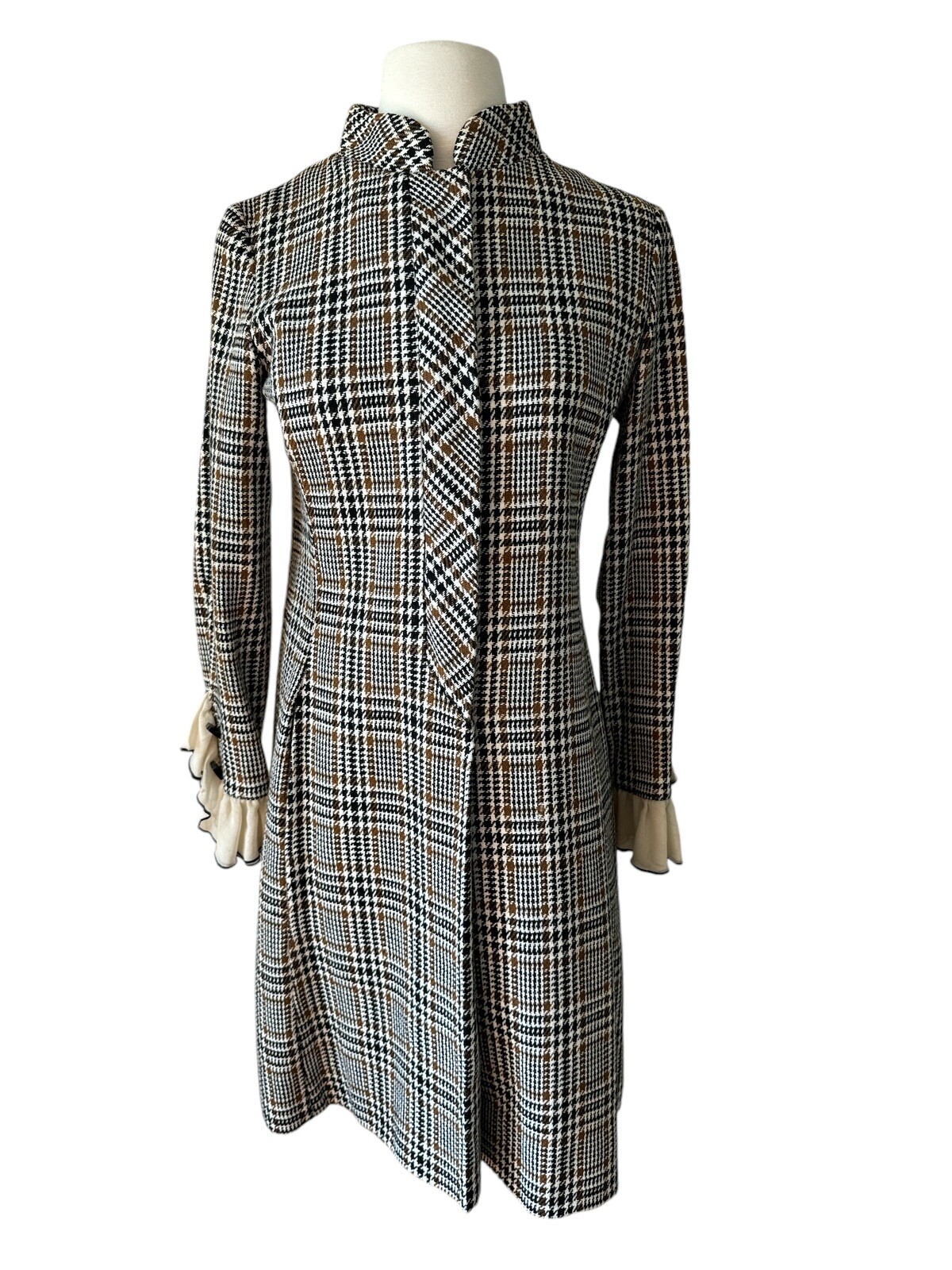 Vtg Mod Saks Fifth Avenue Brown Black Wool Tweed Plaid Dress Mandarin Collar M