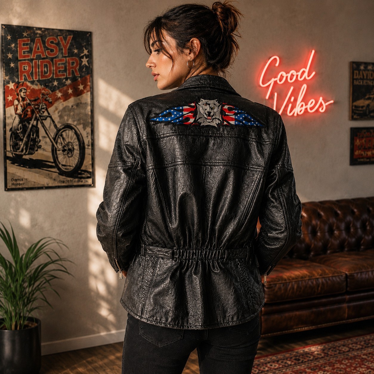 Vintage 80s Black Leather Moto Jacket Racing Biker Skull Size Medium Rocker