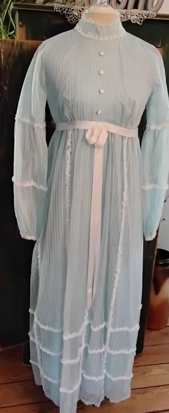 Vtg Sm Prairie Dress Lt Blue Shear w/ Lace Trim Ex Shape