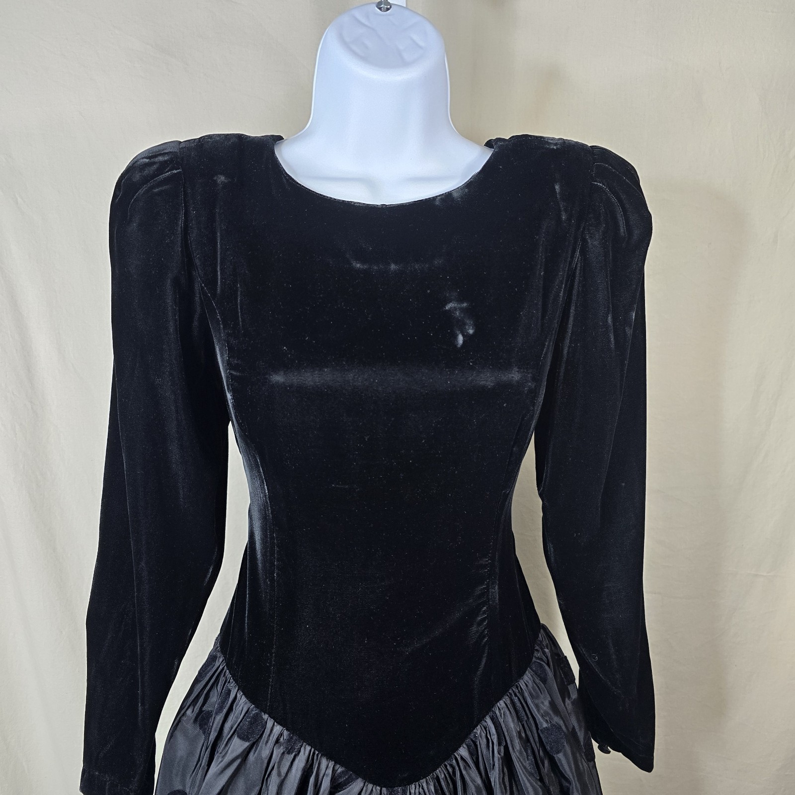 VTG Donna Morgan Party Dress 5/6 Black Velvet Top Ruffle Tiered Taffeta Skirt