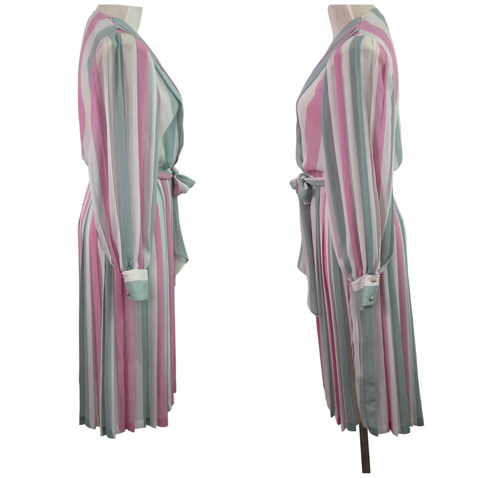 VTG 70’s Pink Blue White Pastels Striped Sheer Pleated draped Romantic Dress Sm
