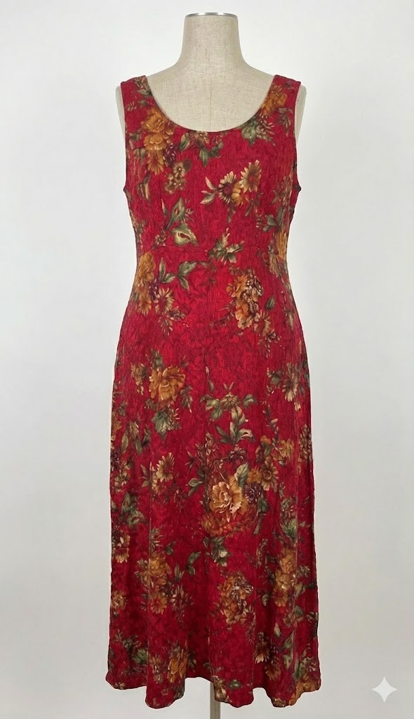 Vintage 90’s Modest Dressbarn Rayon Red Floral Textured Midi Dress Size L?