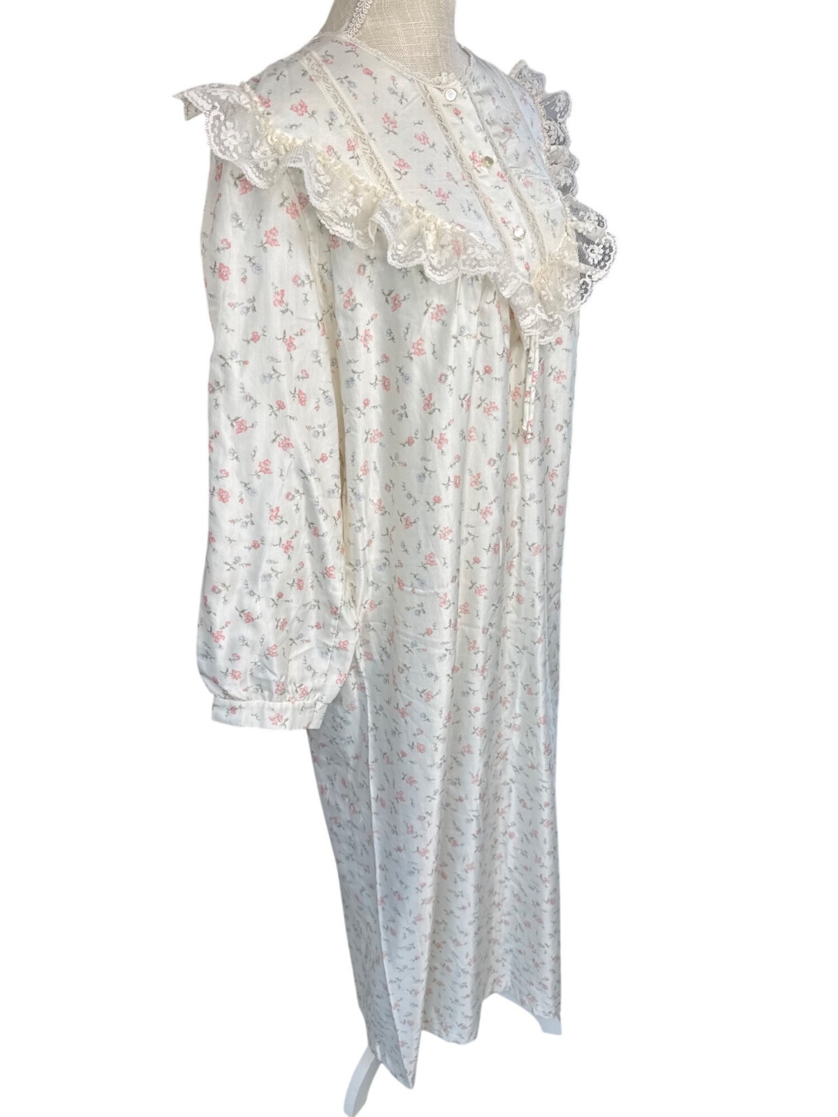 Apostrophe Sears vintage Floral Lace Trim Long Sleeve Satin Flannel Nightgown Sl
