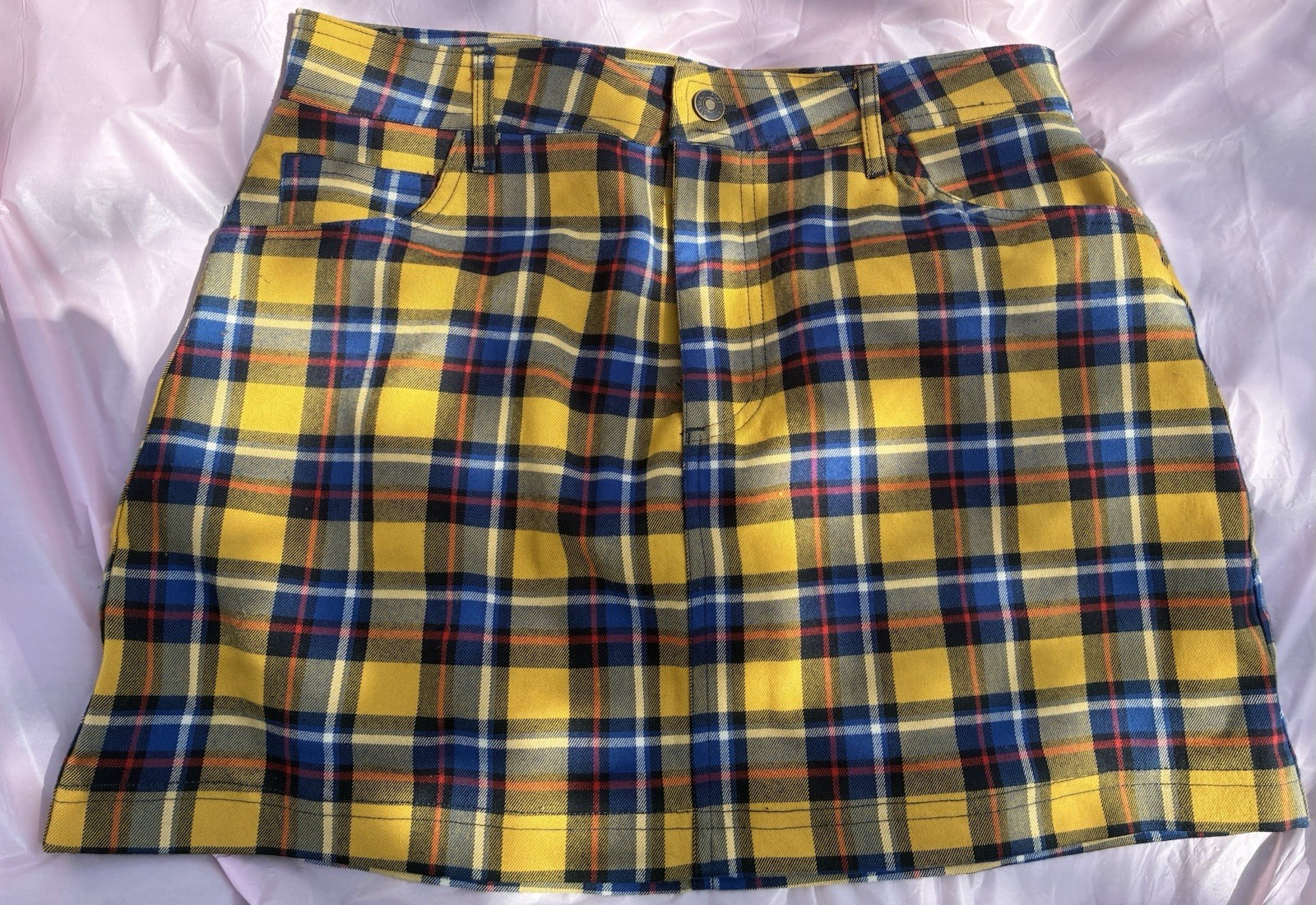 Forever 21 Vintage Skirt Retro 90s Women’s Plaid Yellow Blue Pockets Preppy Sz L