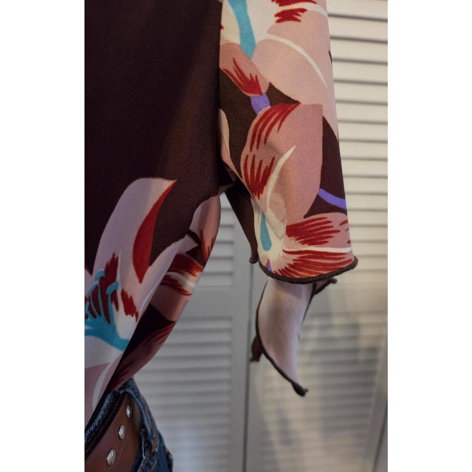 Vintage Brown Floral Rayon Blouse-Handkerchief Sleeves, Sz Med