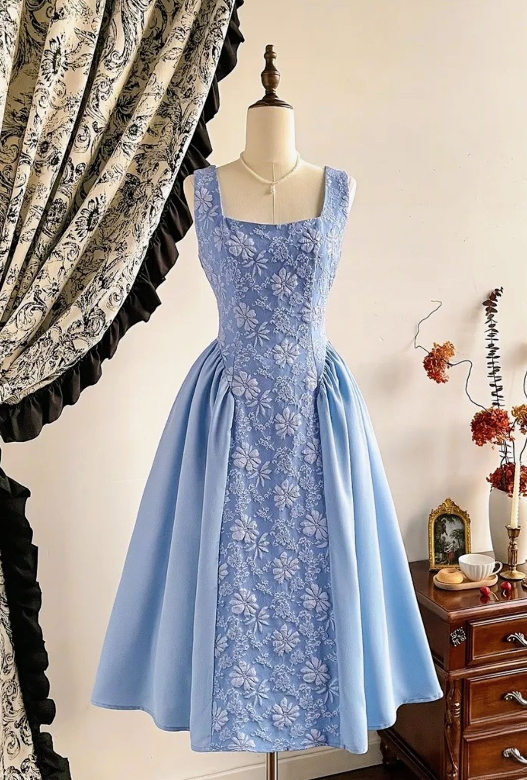 Vintage Light Blue Floral Designs Midi Dress