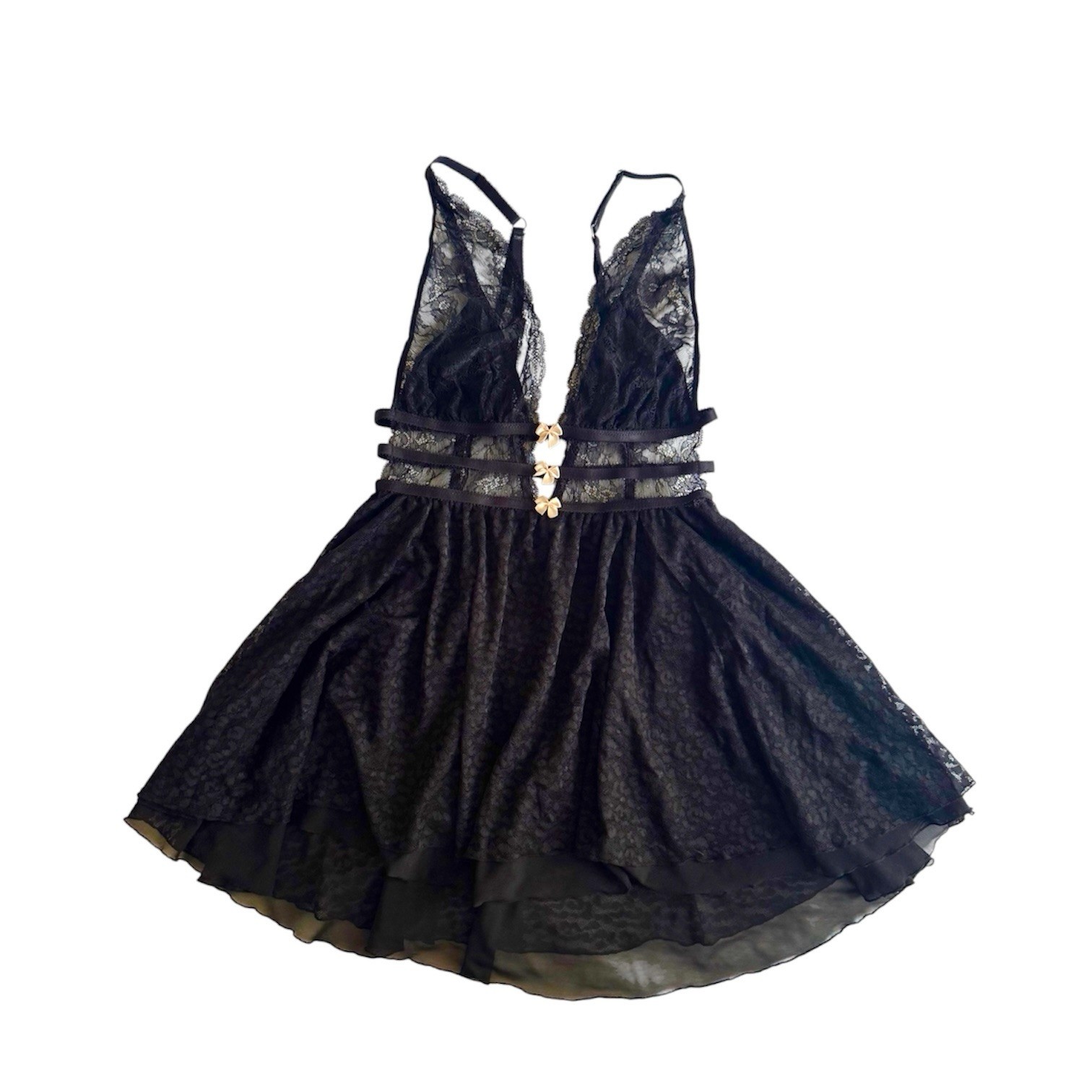 VTG Y2k Betsey Johnson Black with Pink Bows Lacy Tulle Lingerie Babydoll Dress S