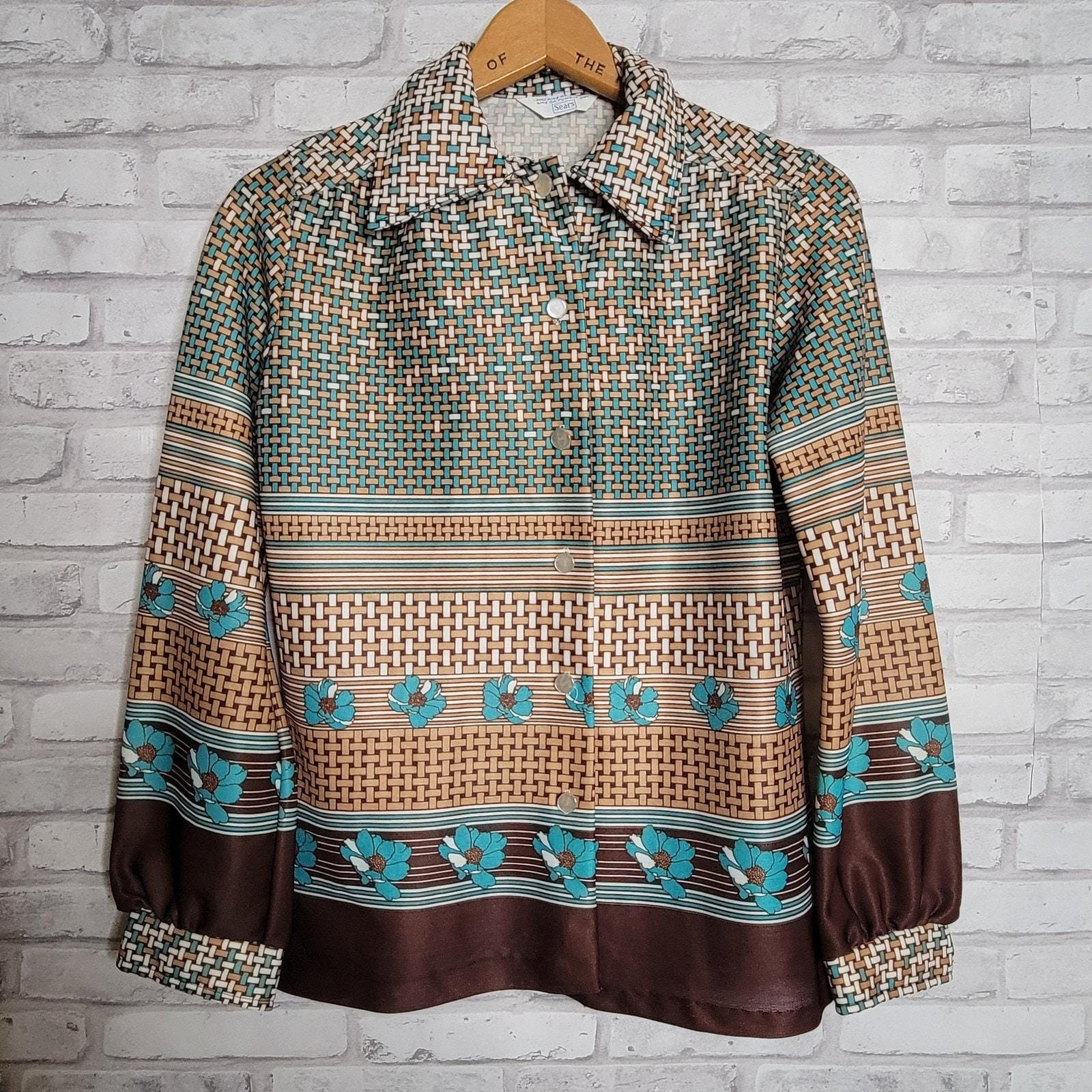 Vintage 1970s Blouse Shacket brown aqua Sz M pop art floral mod hippie