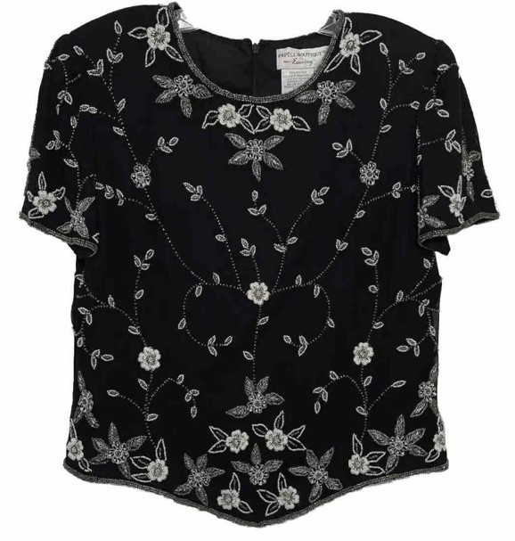 Papell Boutique Top L Black Blouse Beaded Evening Cocktail Silver Embellished