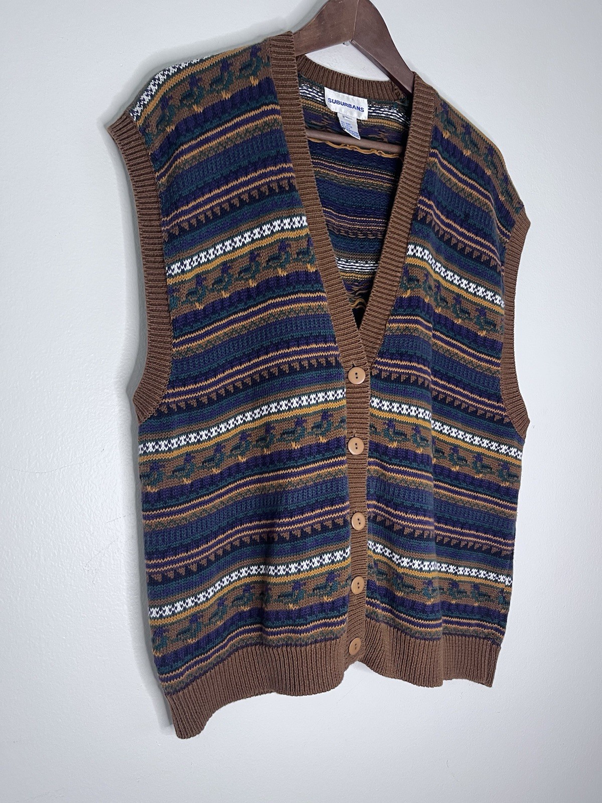 Vintage Suburbans Sweater Vest Knit Cotton Duck Pattern 80’s Size XL V Neck