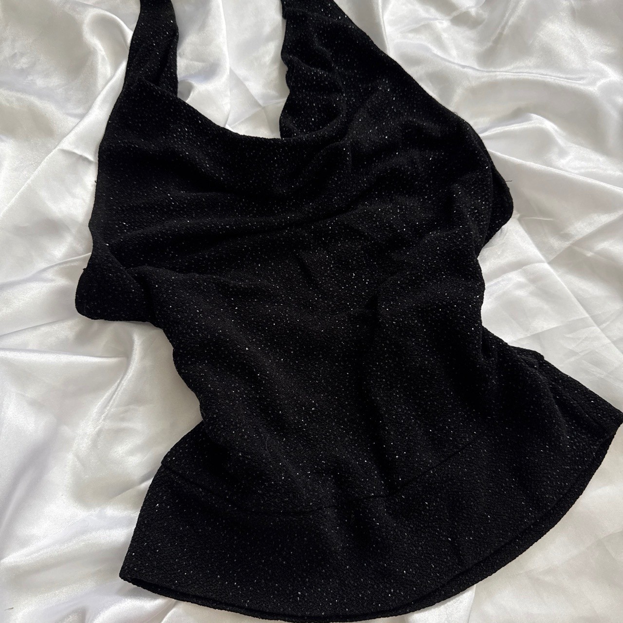 Vintage Wet Seal Black Glitter Halter Top Cowl Neck Backless Y2K Small