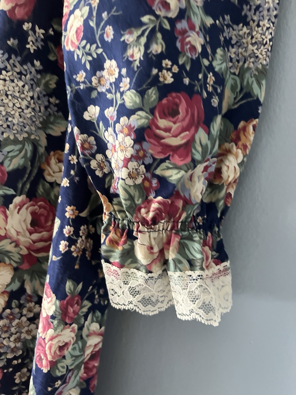 Vintage Prairie Dress Sz S Navy Blue Floral Laced Ruffled Willow Creek Cottage