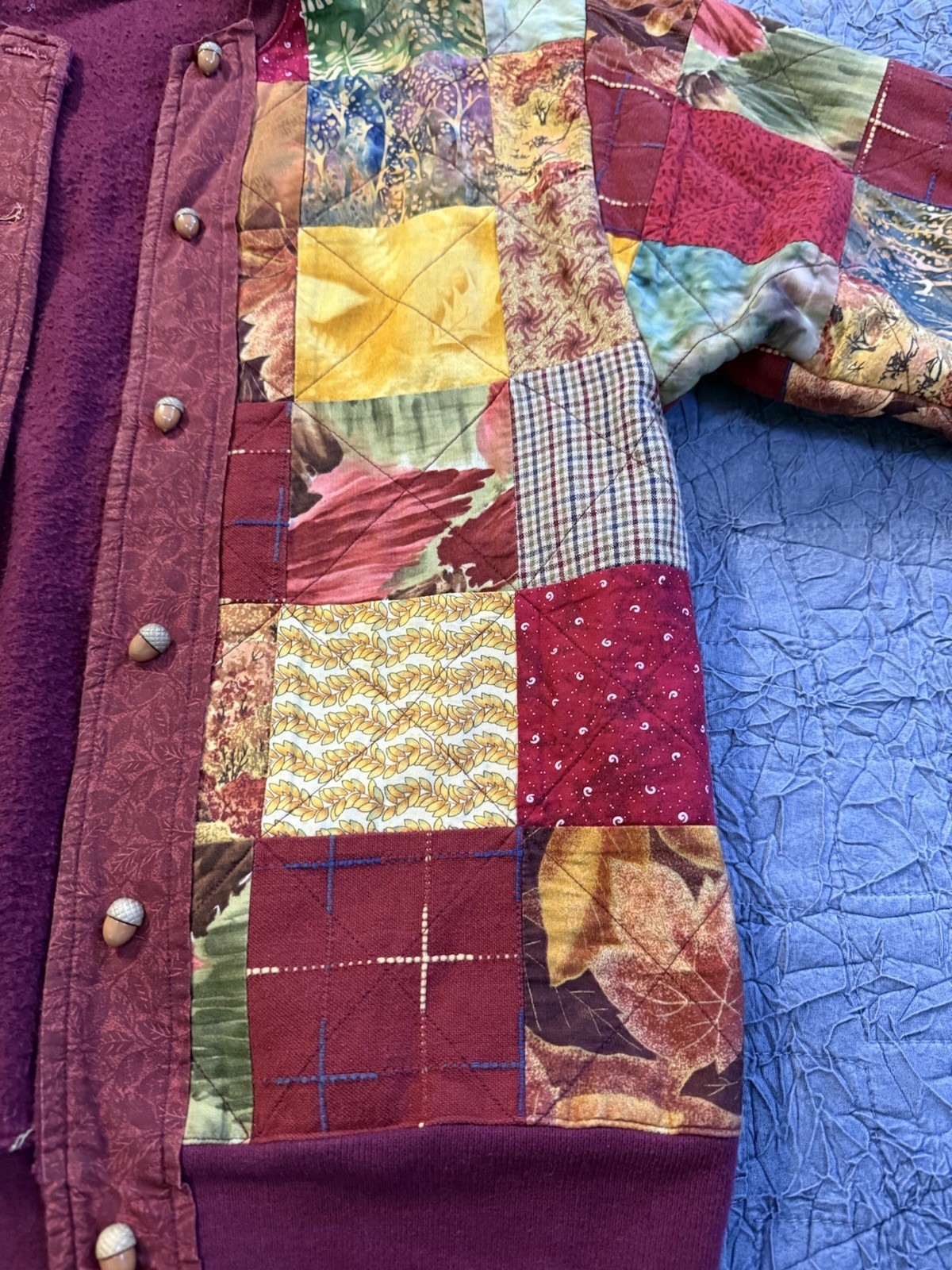 Vintage Handmade Quilted Patchwork Jacket Fleece Lined Boho Grandma-Core EUC