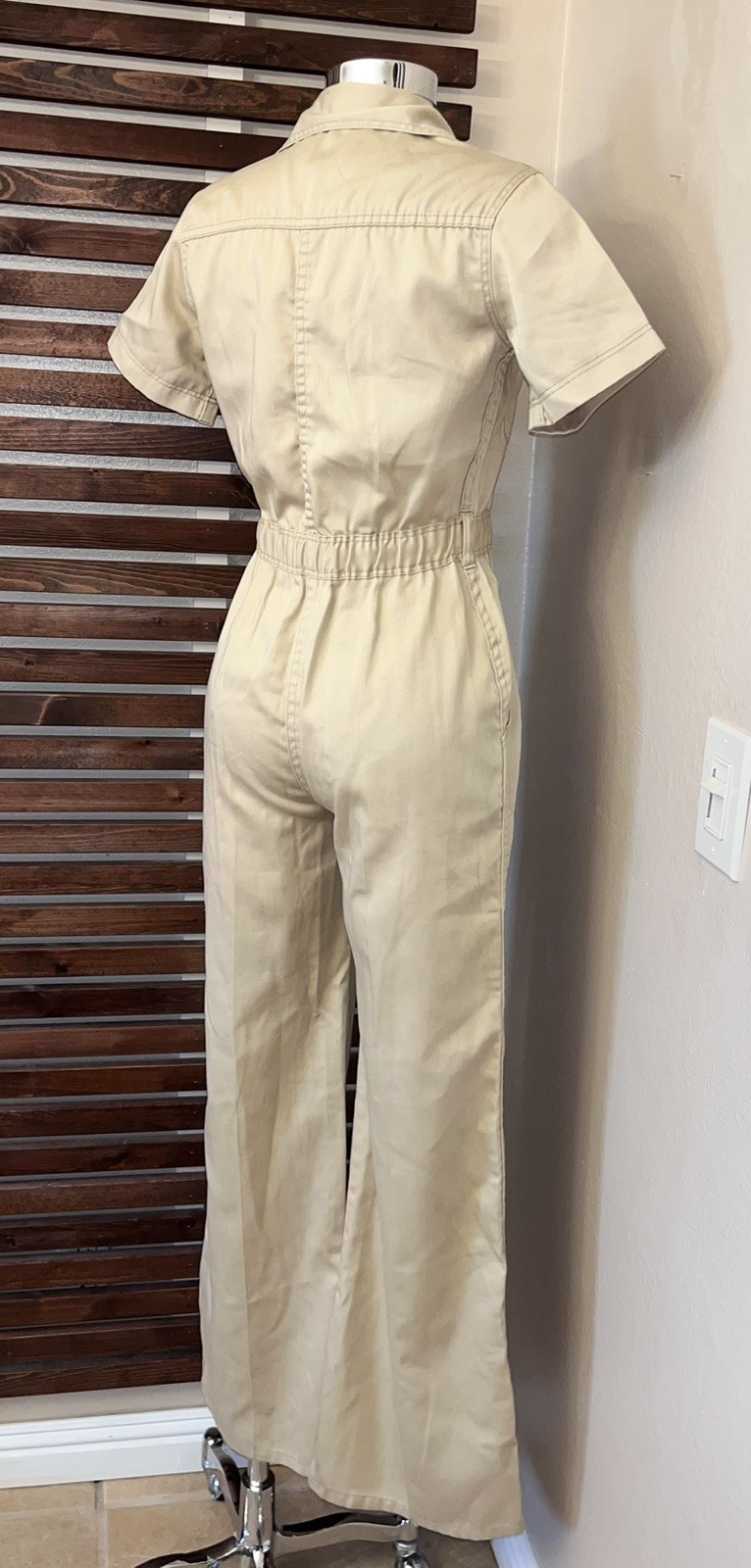 JC Penney Fashions 1970s 70s Vintage Beige Short Sleeve Wide Leg Jumpsuit Pocket
