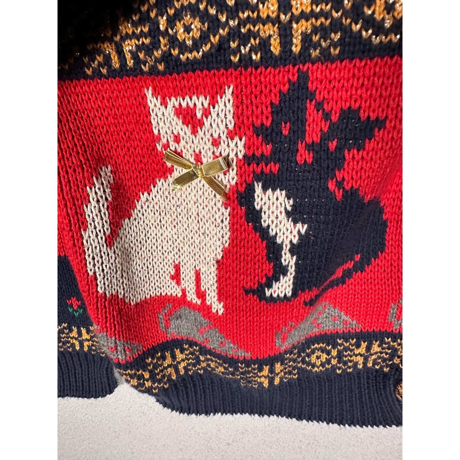Vtg Sweater Cardigan Womens S Grandma Christmas Cat Knit Cotton Gold Holiday